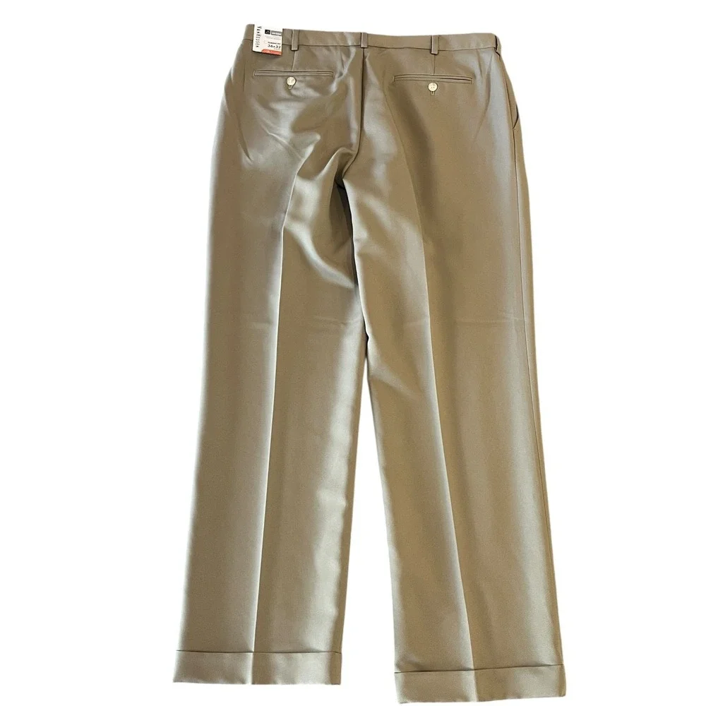 NWT Van Heusen Premium No Iron‎ Classic Fit Pleat Pants Mens 36x32 Khaki Cuffed